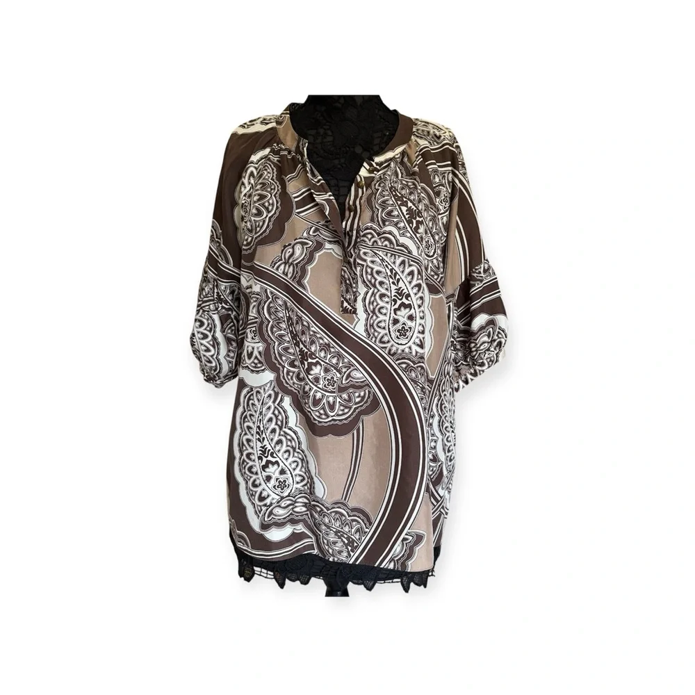 Banana Republic Brown and Off White Paisley Silk Short Sleeve Blouse Top